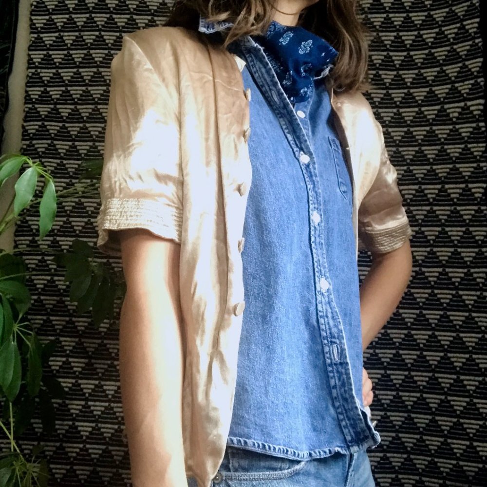 vintage champagne satin button blouse cardigan - Picture 3 of 16